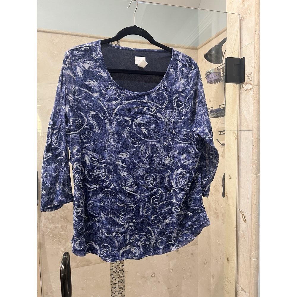 Chico's 3 Women Navy Blue Silver Metallic Mesh Pullover Top XL 3/4 Sleeve